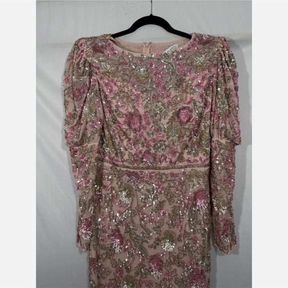NWT‎ $498 Mac Duggal [ 12 ] Sequined Puff Sleeve High Neck Dress Rose Pink - Picture 9 of 16